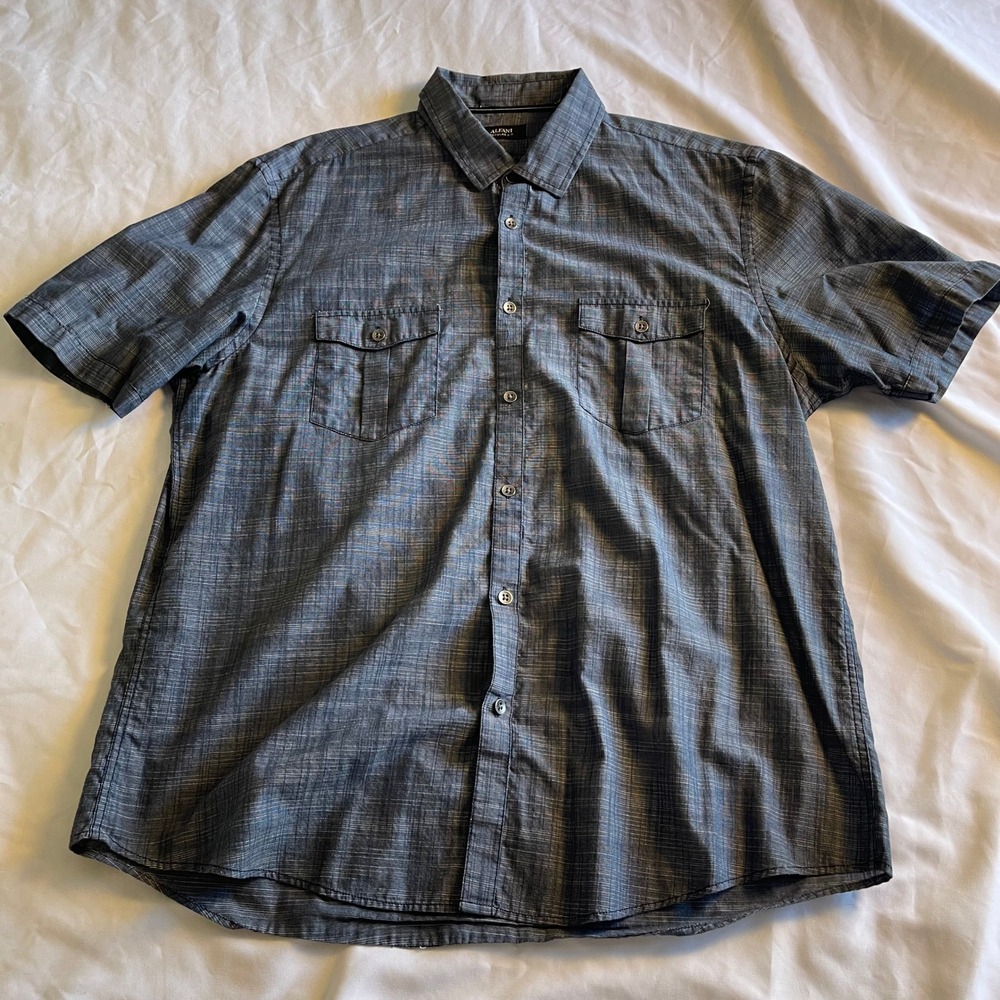 Alfani Mens Regular Fit Short Sleeve Button Down Shirt Blue Grey XL Textured